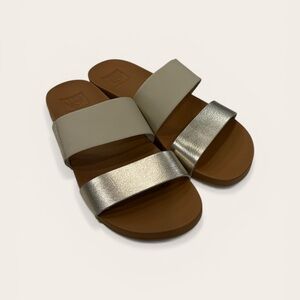 Reef Leather Two-strap Slide Sandals in Gold and Cream